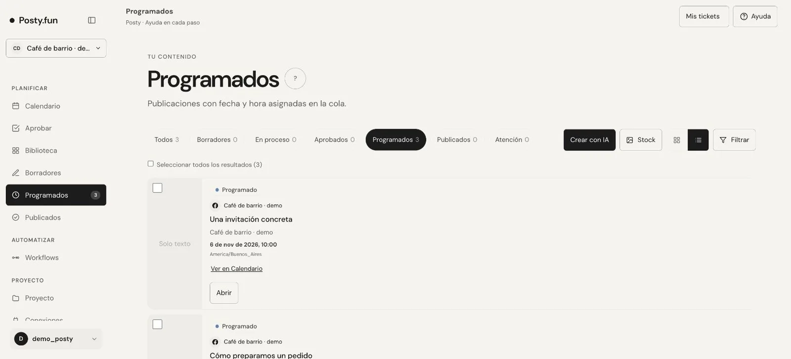 Vista Programados de Posty con publicaciones de demostración y sus fechas futuras