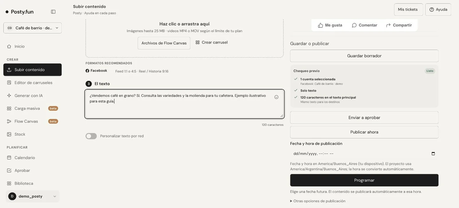 Pantalla Subir contenido de Posty con selección de cuenta, archivo, texto y acciones de revisión